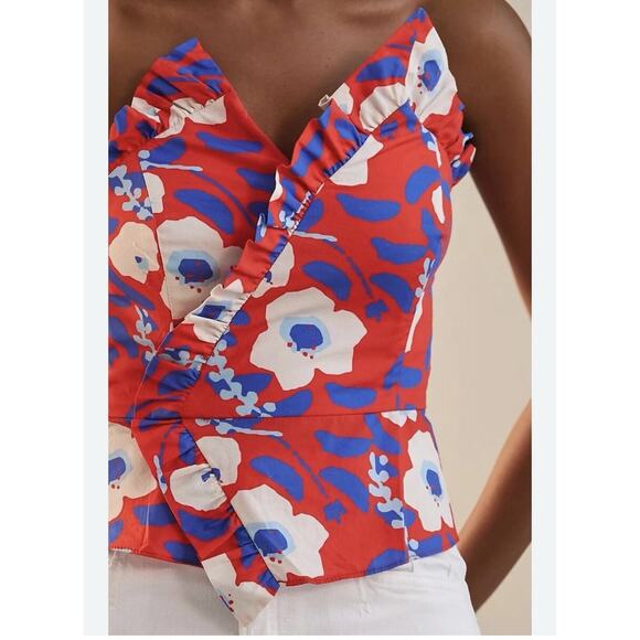 Hutch Anthropologie Red Blue Floral Strapless Ruffle Top Size 0 NWT - Picture 2 of 9